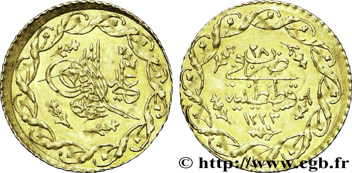 TURKEY 1 Cedid Mahmudiye en or Sultan Mahmud II AH 1223, An 28 1834 Constantinople AU 