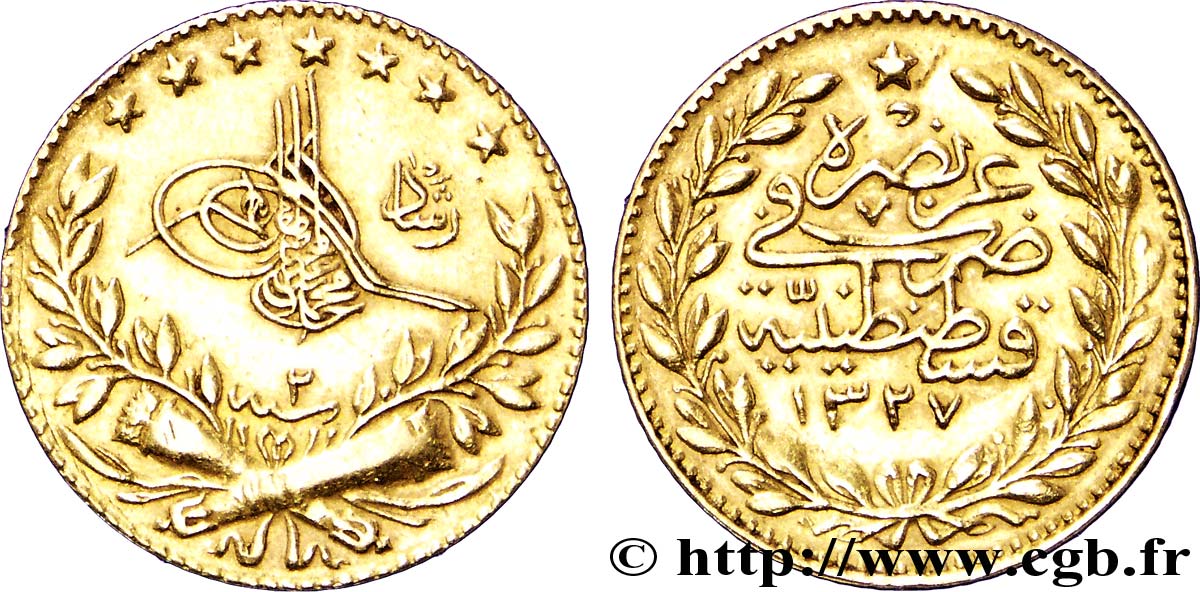 TURKEY 25 Kurush en or Sultan Mohammed V Resat AH 1327, An 2 1910 Constantinople AU 