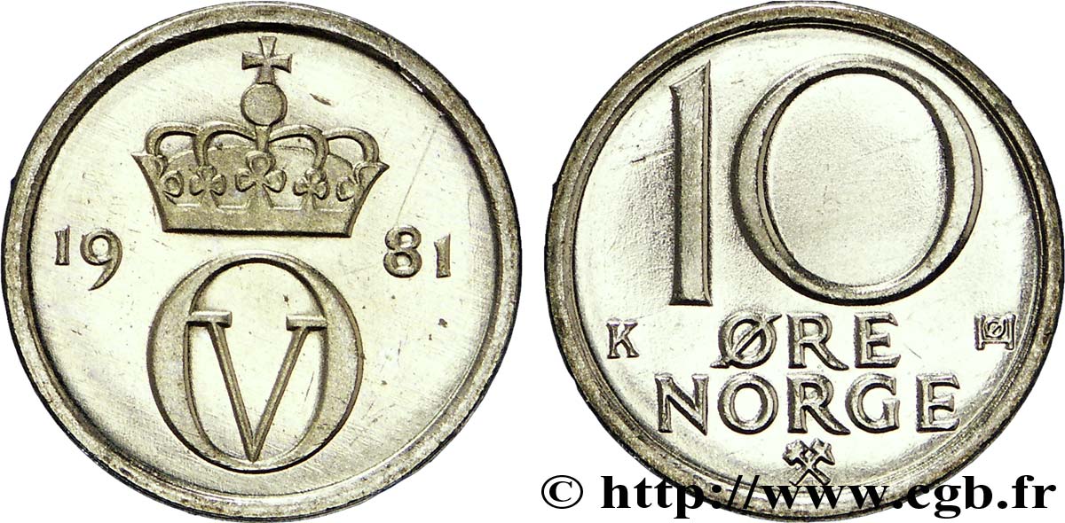 NORWEGEN 10 Ore monograme d’Olav V 1981 Konsberg fST 