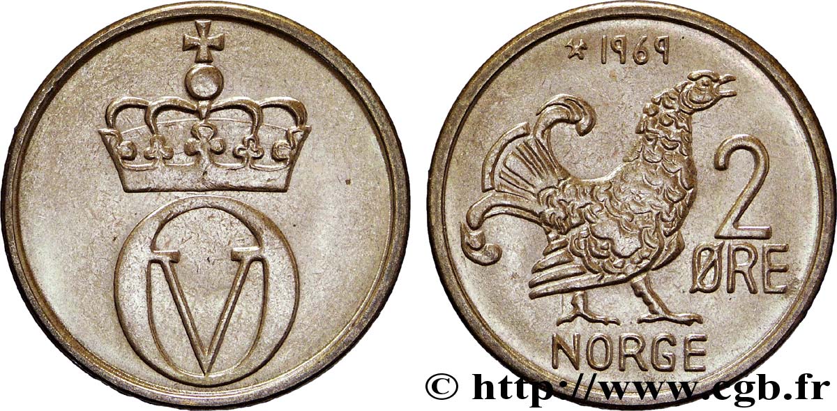 NORUEGA 2 Ore monograme couronné du roi Olav V / Gallinule (poule d’eau) 1969 Konsberg EBC 