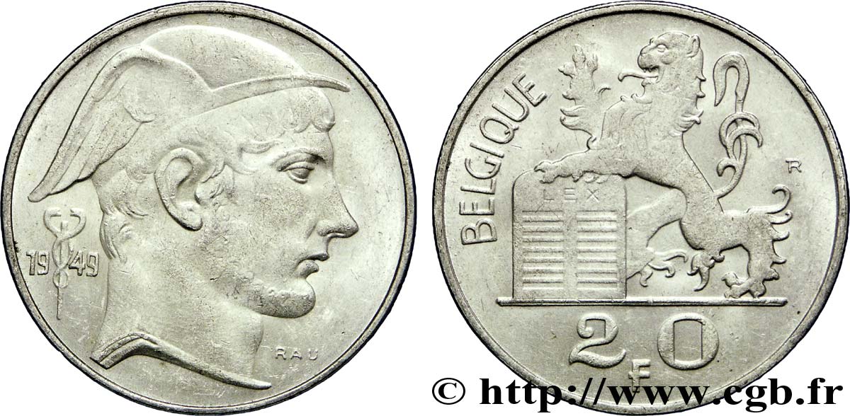 BELGIEN 20 Francs Mercure, légende française 1949  VZ 