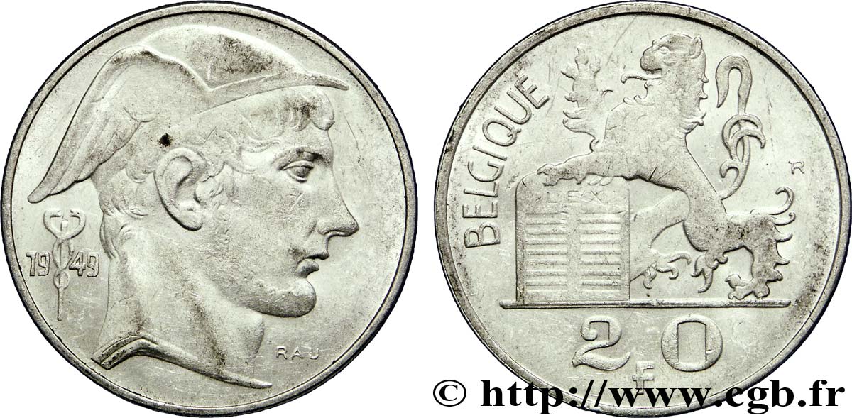 BELGIUM 20 Francs Mercure, légende française 1949  AU 