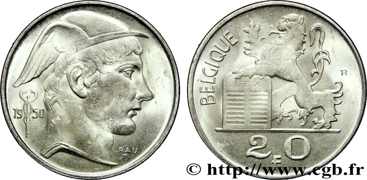 BELGIEN 20 Francs Mercure, légende française 1950  VZ 