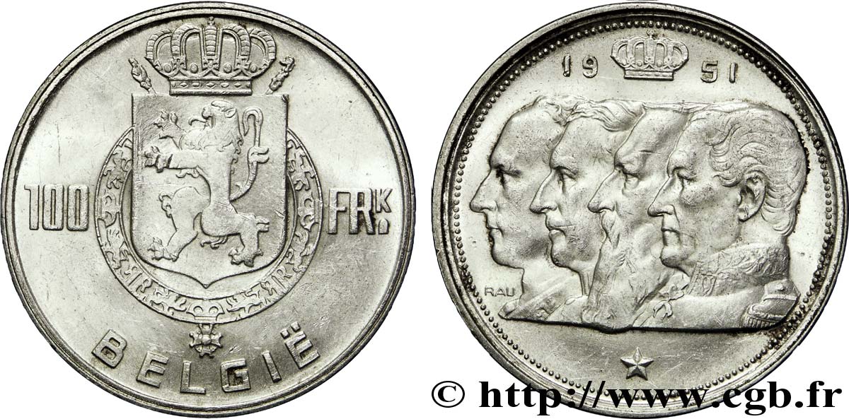 BELGIUM 100 Francs Quatre rois de Belgique, légende flamande 1951  AU 