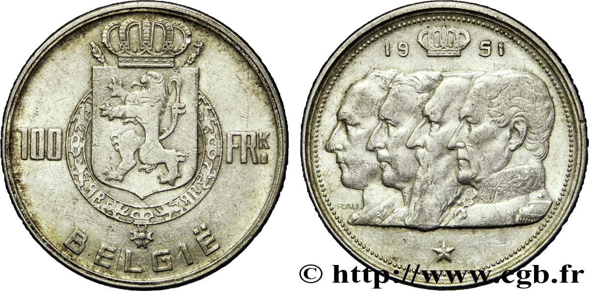 BÉLGICA 100 Francs Quatre rois de Belgique, légende flamande 1951  MBC+ 