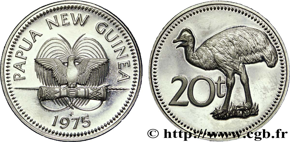 PAPOUASIE NOUVELLE GUINÉE 20 Toea BE (Proof) oiseau de paradis / cassowary de Bennett 1975  SPL 