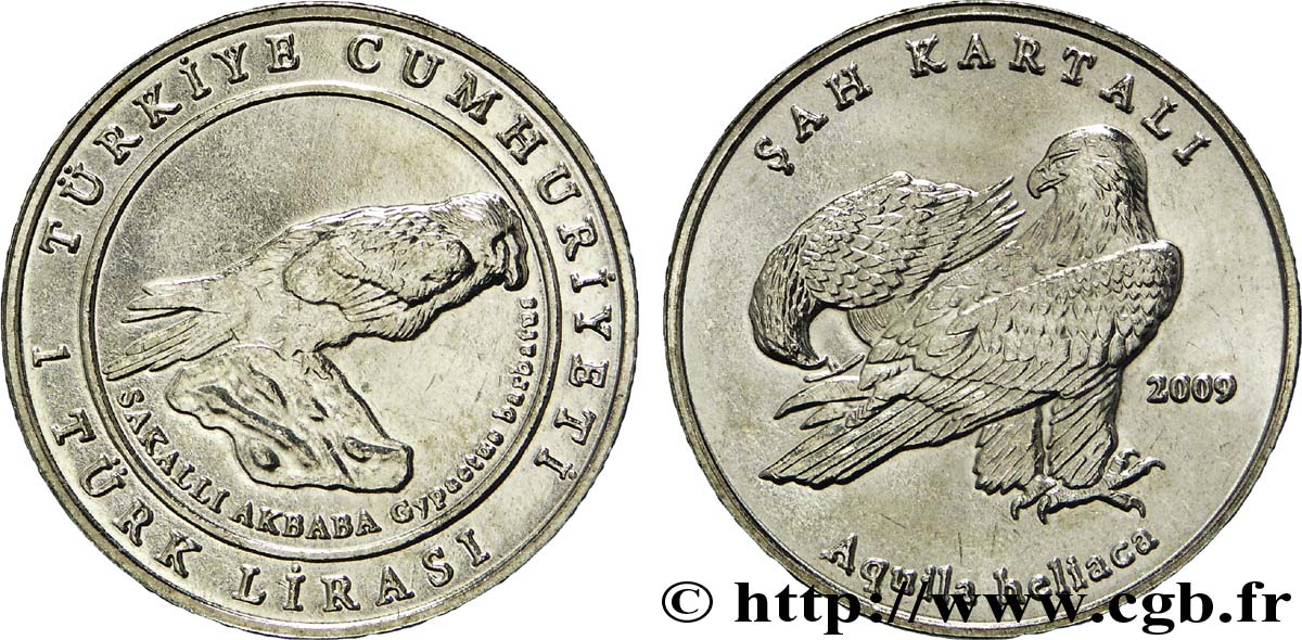 TURKEY 1 Lira gypaète barbu (Gypaetus barbatus) / aigle impérial  (Aquila heliaca)  2009  AU 