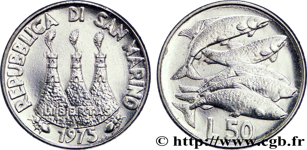 SAN MARINO 50 Lire vue des 3 chateaux / saumons 1975 Rome - R MS 