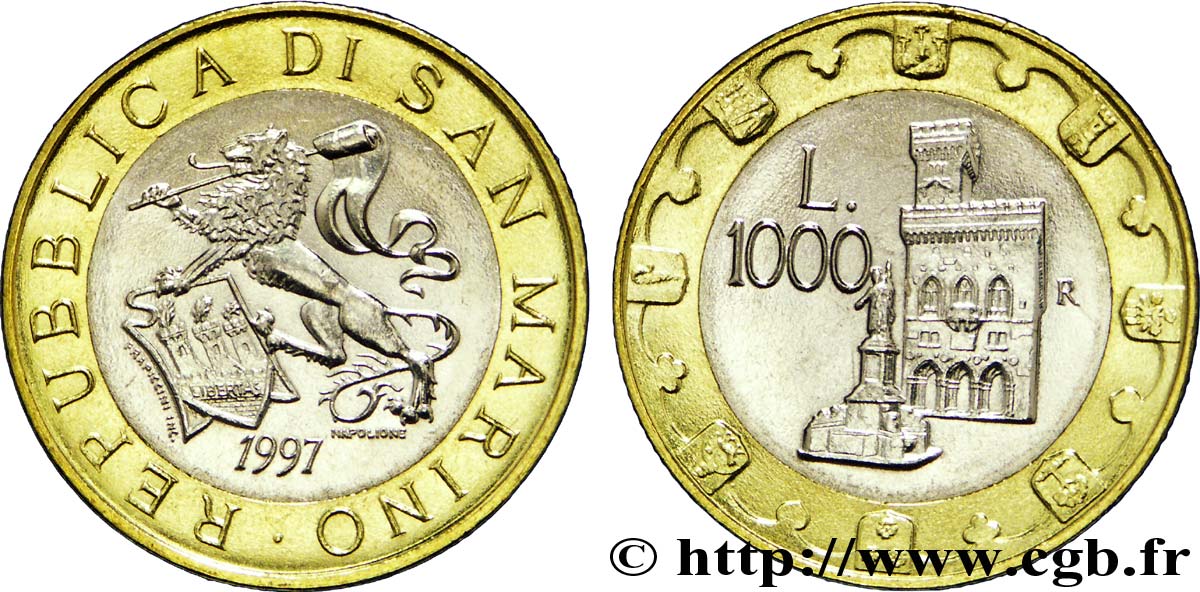 SAN MARINO 1000 Lire lion héraldique / le Palazzo Publico 1997 Rome fST 