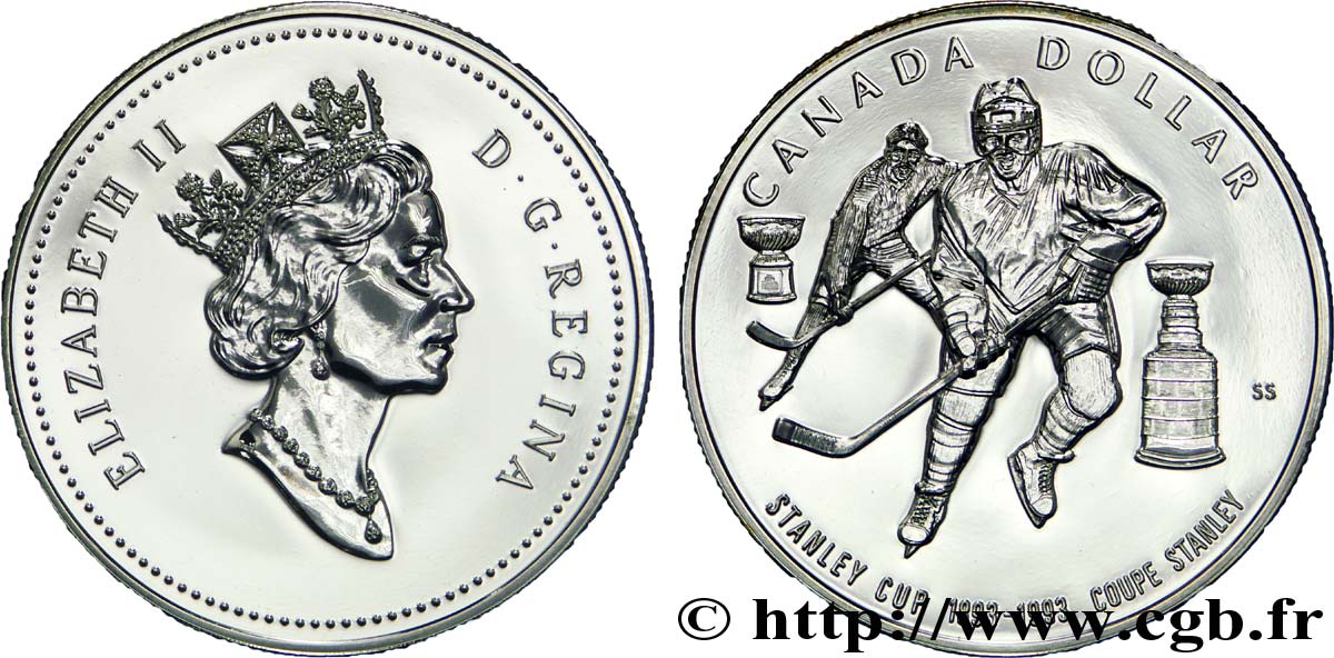 KANADA 1 Dollar centenaire de la Coupe Stanley Elisabeth II / hockeyeurs et coupes 1993  VZ 
