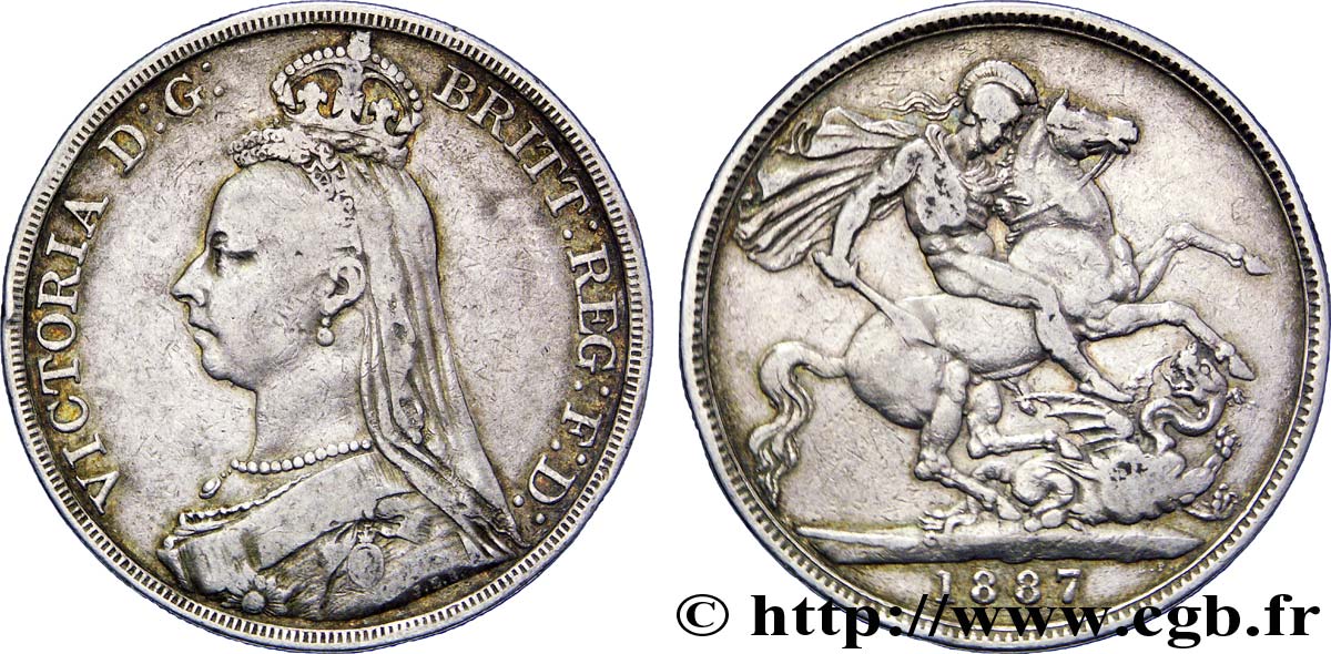UNITED KINGDOM 1 Crown Victoria buste du jubilé / St Georges terrassant le dragon 1887  VF 