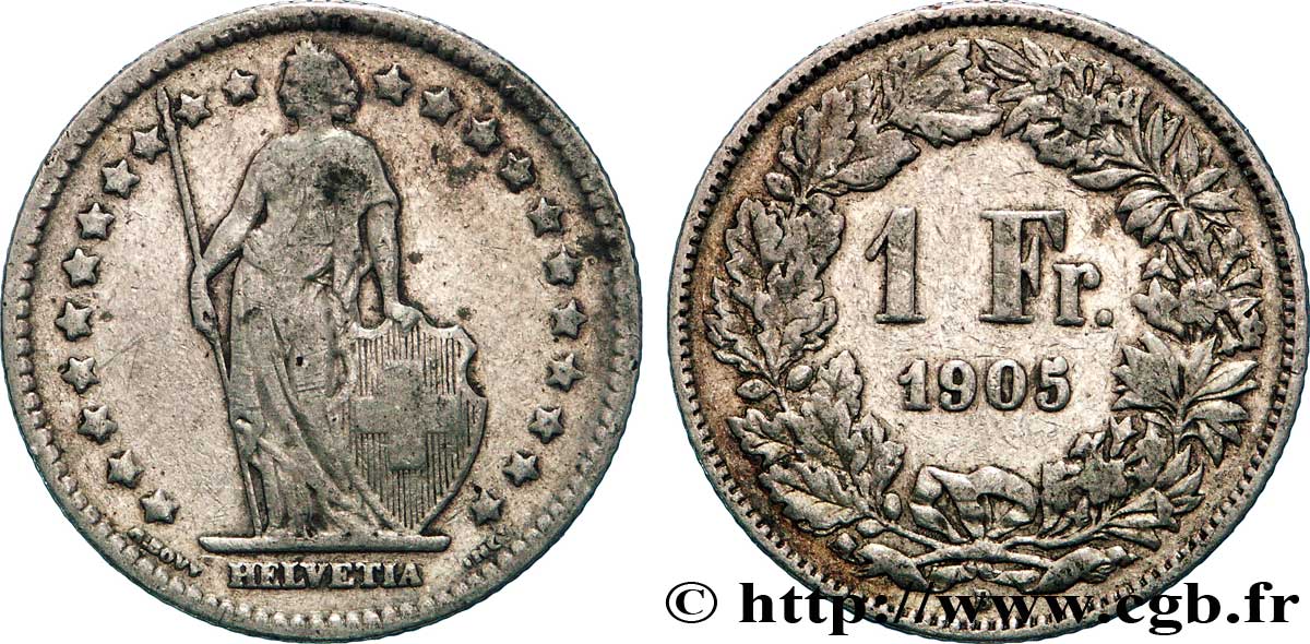 SWITZERLAND 1 Franc Helvetia 1905 Berne - B VF 