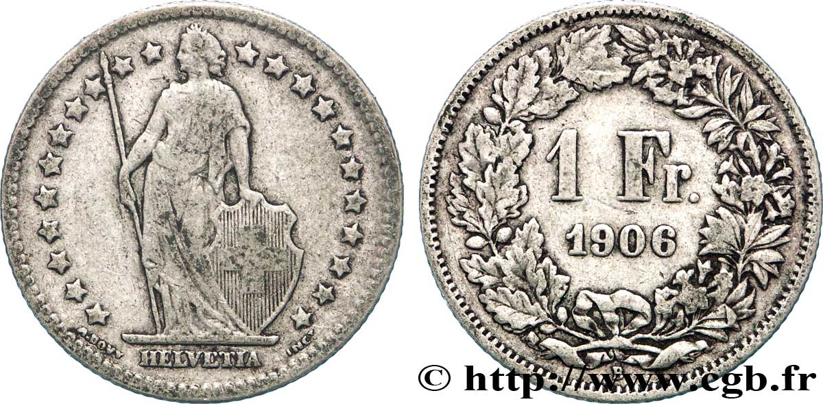 SWITZERLAND 1 Franc Helvetia 1906 Berne - B VF 