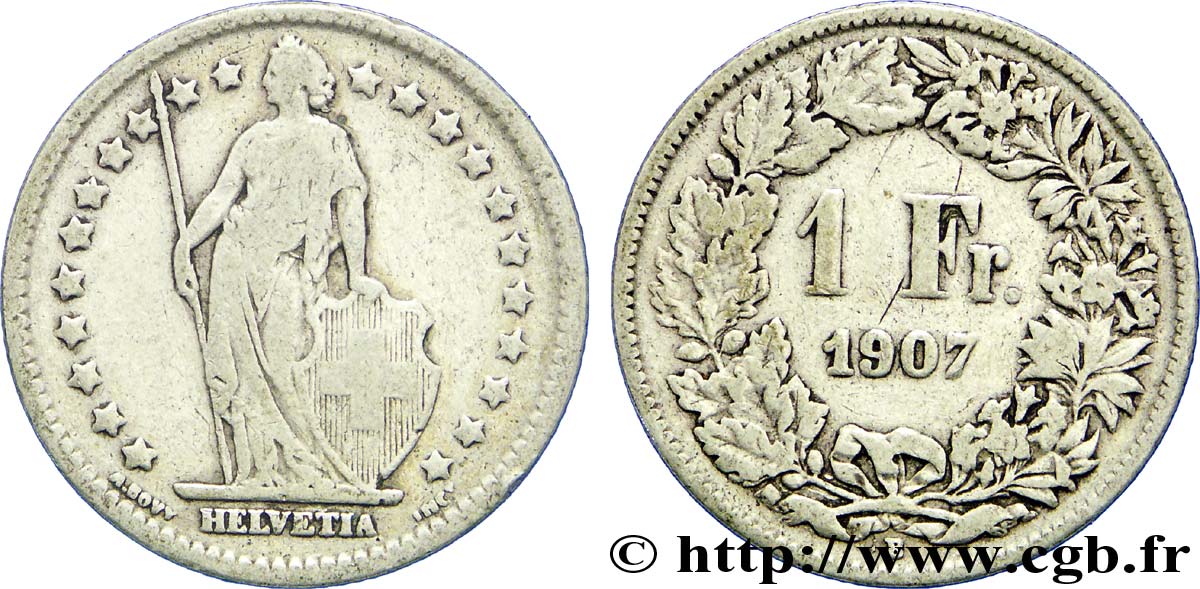 SUIZA 1 Franc Helvetia 1907 Berne - B BC 