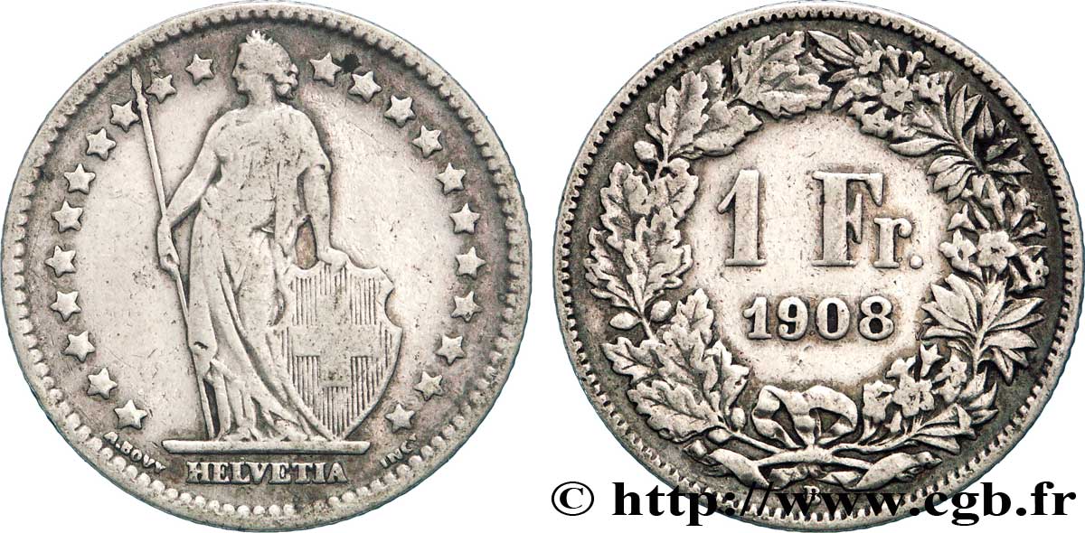 SWITZERLAND 1 Franc Helvetia 1908 Berne - B VF 