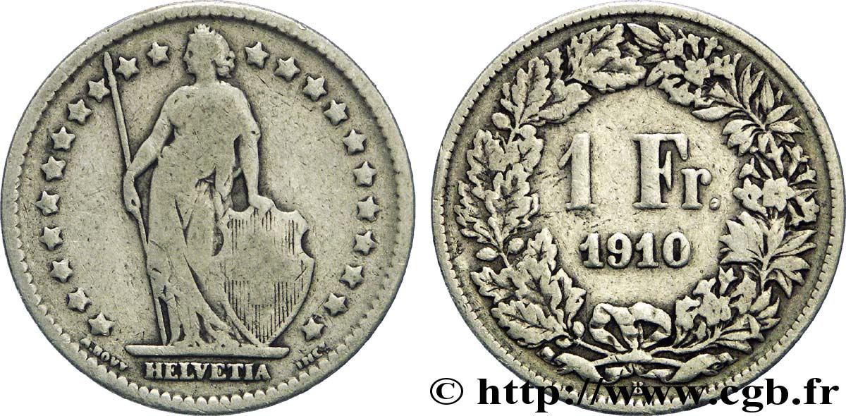 SWITZERLAND 1 Franc Helvetia 1910 Berne VF 