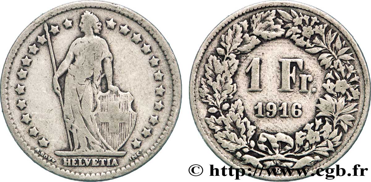 SUIZA 1 Franc Helvetia 1916 Berne BC+ 