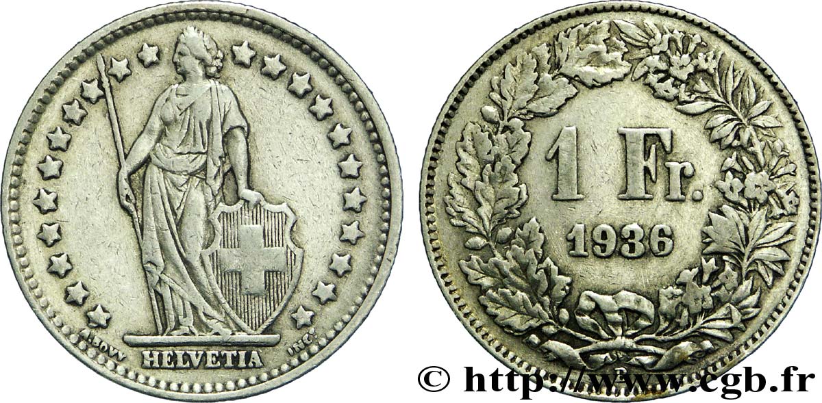 SWITZERLAND 1 Franc Helvetia 1936 Berne - B XF 