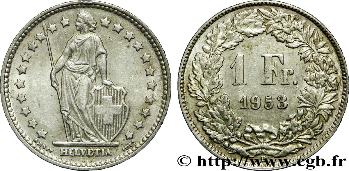 SWITZERLAND 1 Franc Helvetia 1953 Berne - B AU 