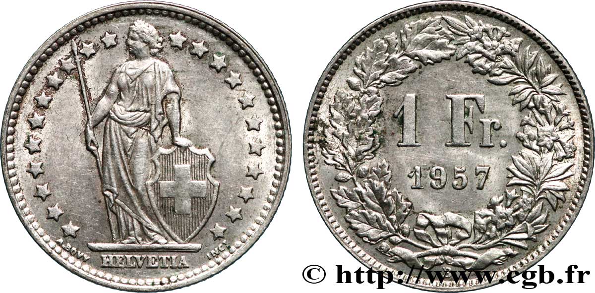 SWITZERLAND 1 Franc Helvetia 1957 Berne AU 
