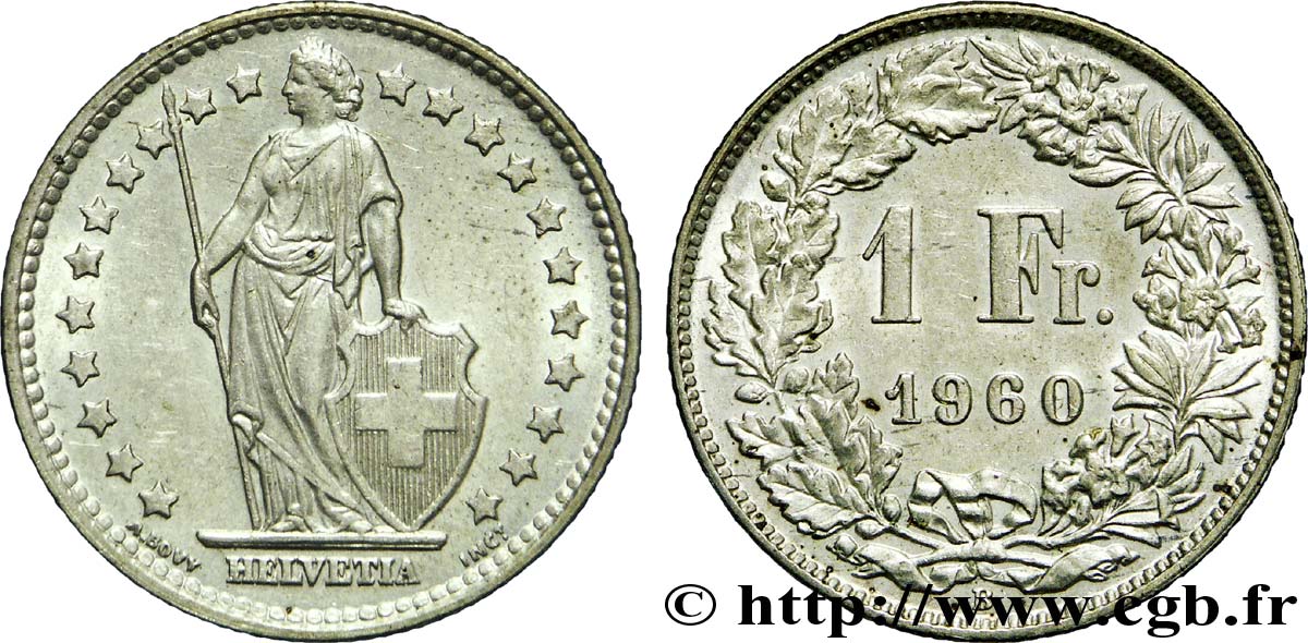 SWITZERLAND 1 Franc Helvetia 1960 Berne - B AU 