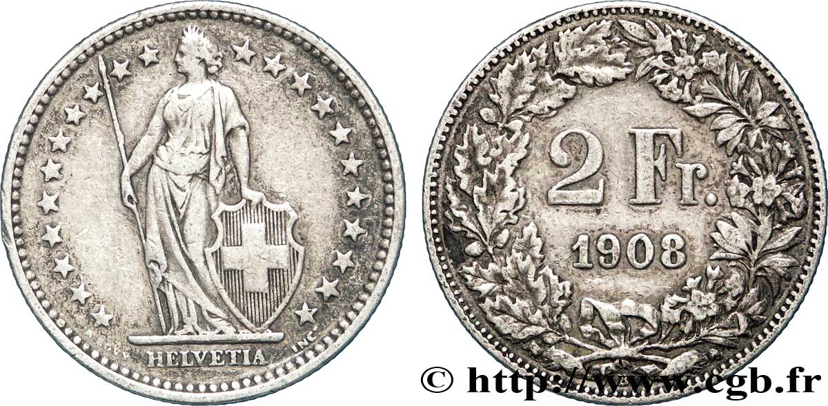 SVIZZERA  2 Francs Helvetia 1908 Berne - B q.BB 