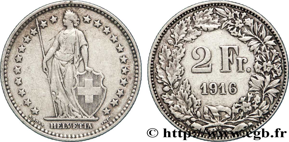 SWITZERLAND 2 Francs Helvetia 1916 Berne - B XF 