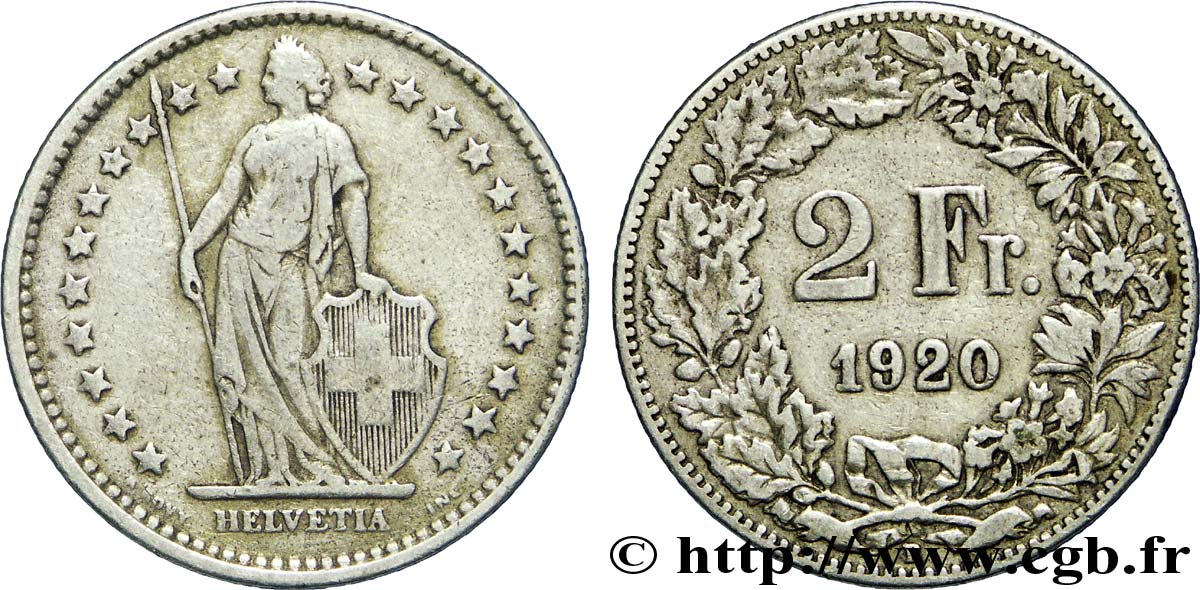 SWITZERLAND 2 Francs Helvetia 1920 Berne - B VF 