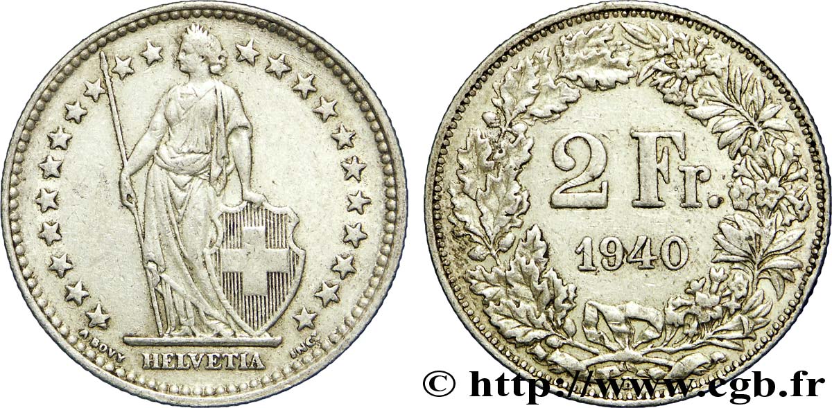 SWITZERLAND 2 Francs Helvetia 1940 Berne - B AU 