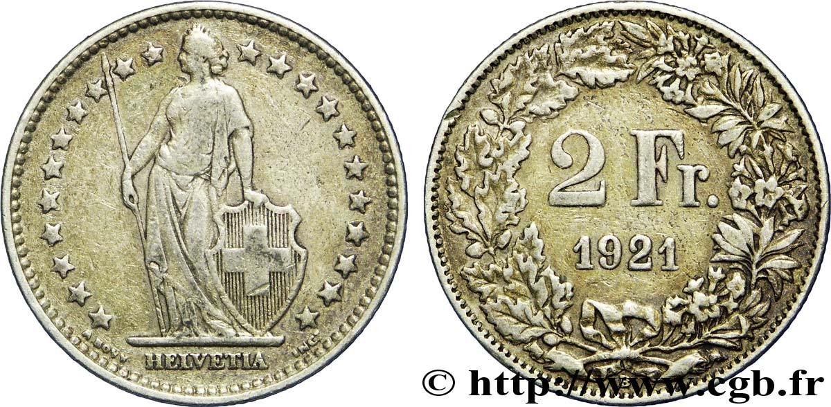 SWITZERLAND 2 Francs Helvetia 1921 Berne - B VF 