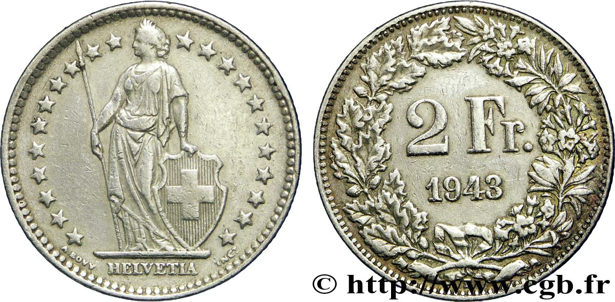 SUISSE 2 Francs Helvetia 1943 Berne - B TB+ 