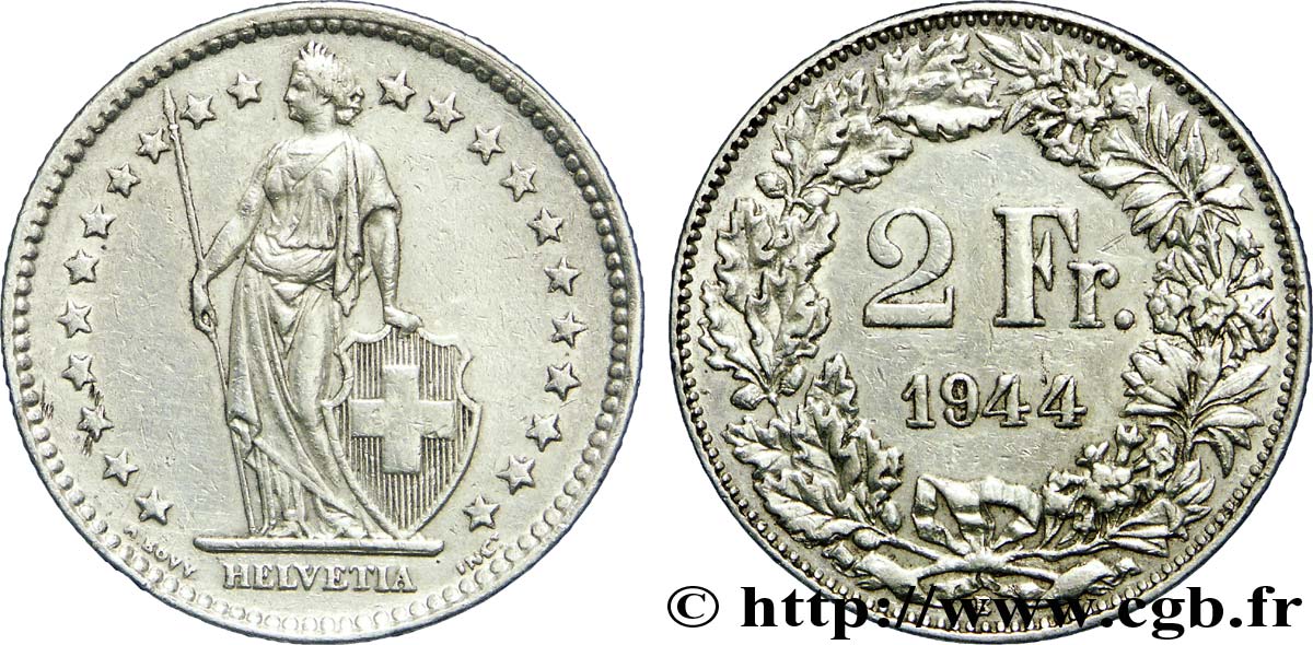 SWITZERLAND 2 Francs Helvetia 1944 Berne - B XF 