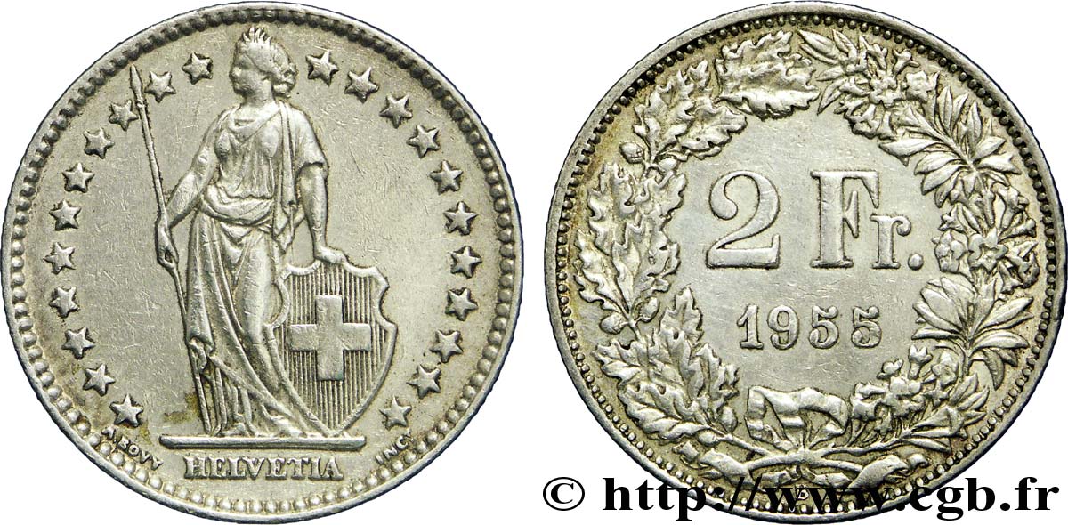 SWITZERLAND 2 Francs Helvetia 1955 Berne - B AU 