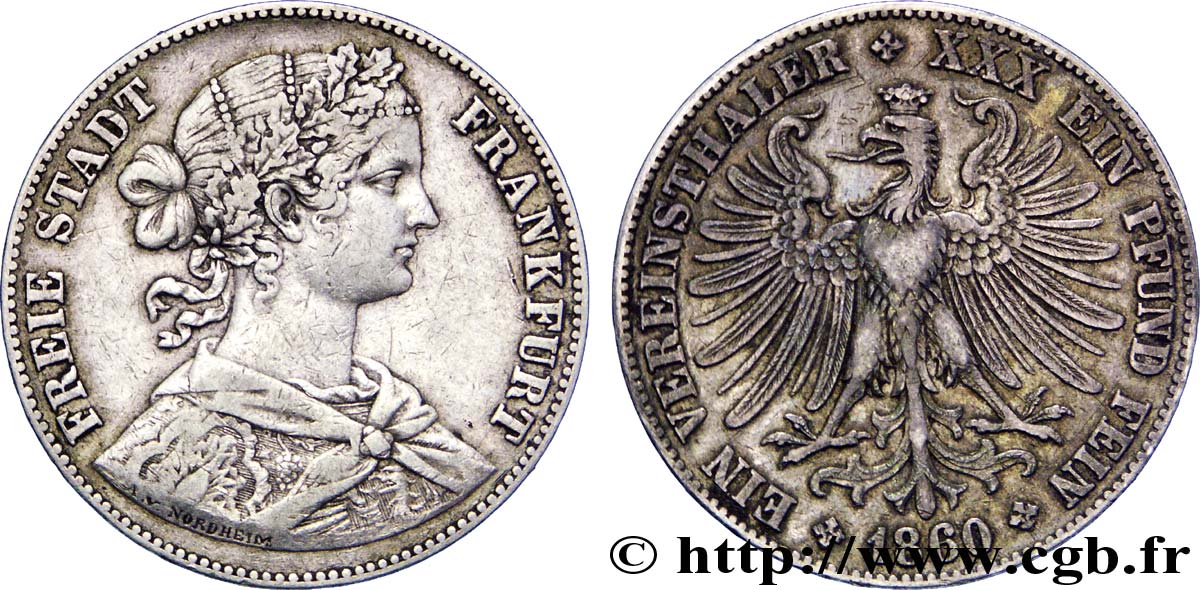 GERMANIA - LIBERA CITTA DE FRANCOFORTE 1 Vereinsthaler Francofurtia / aigle héraldique 1860 Francfort BB 