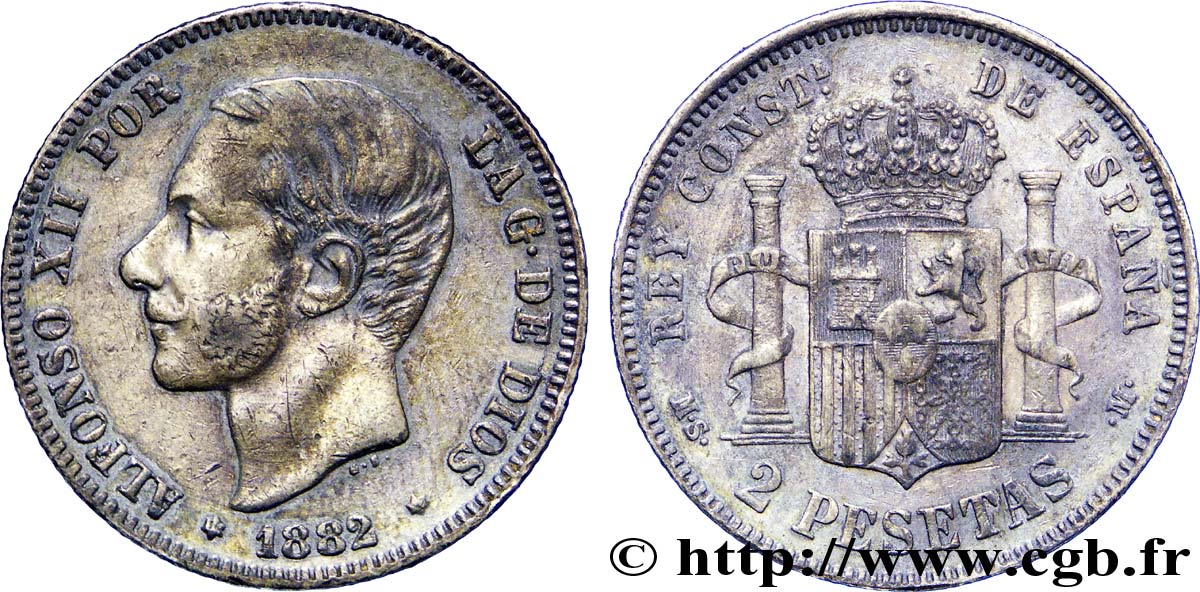 ESPAÑA 2 Pesetas Alphonse XII / emblème couronné (1882) 1882  MBC+ 