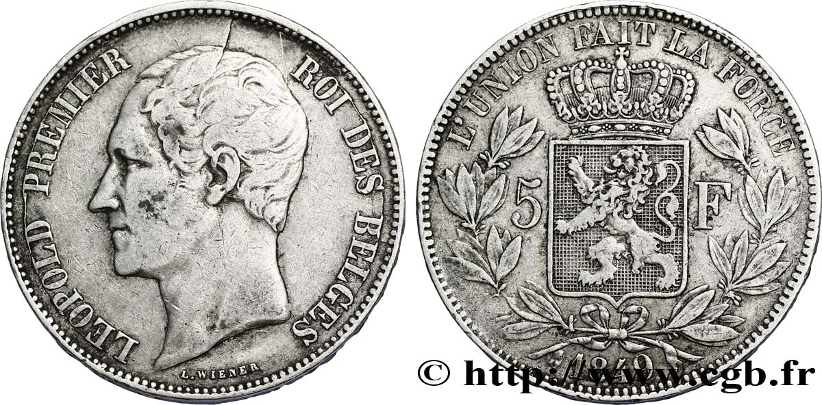 BELGIUM 5 Francs Léopold Ier tête nue 1849  XF 