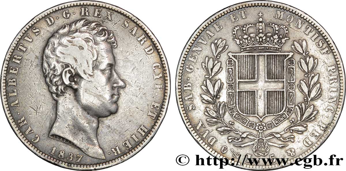ITALIA - REINO DE CERDEÑA 5 Lire Charles Albert, roi de Sardaigne 1837 Gênes BC+ 