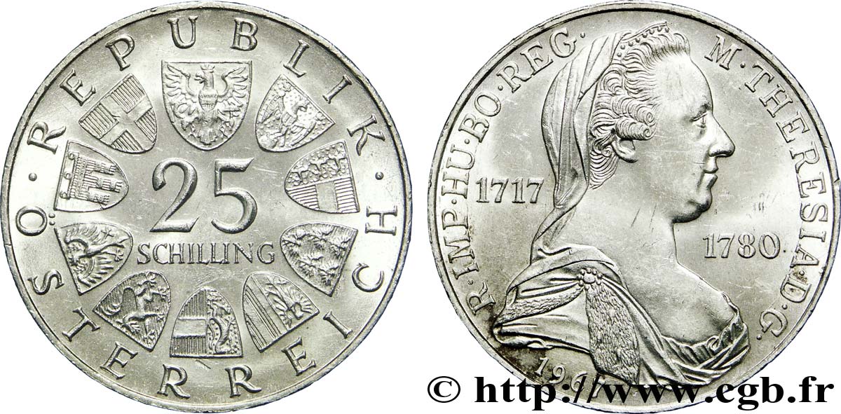 AUSTRIA 25 Schilling 250e anniversaire de l’impératrice Marie-Thérèse 1967  AU 