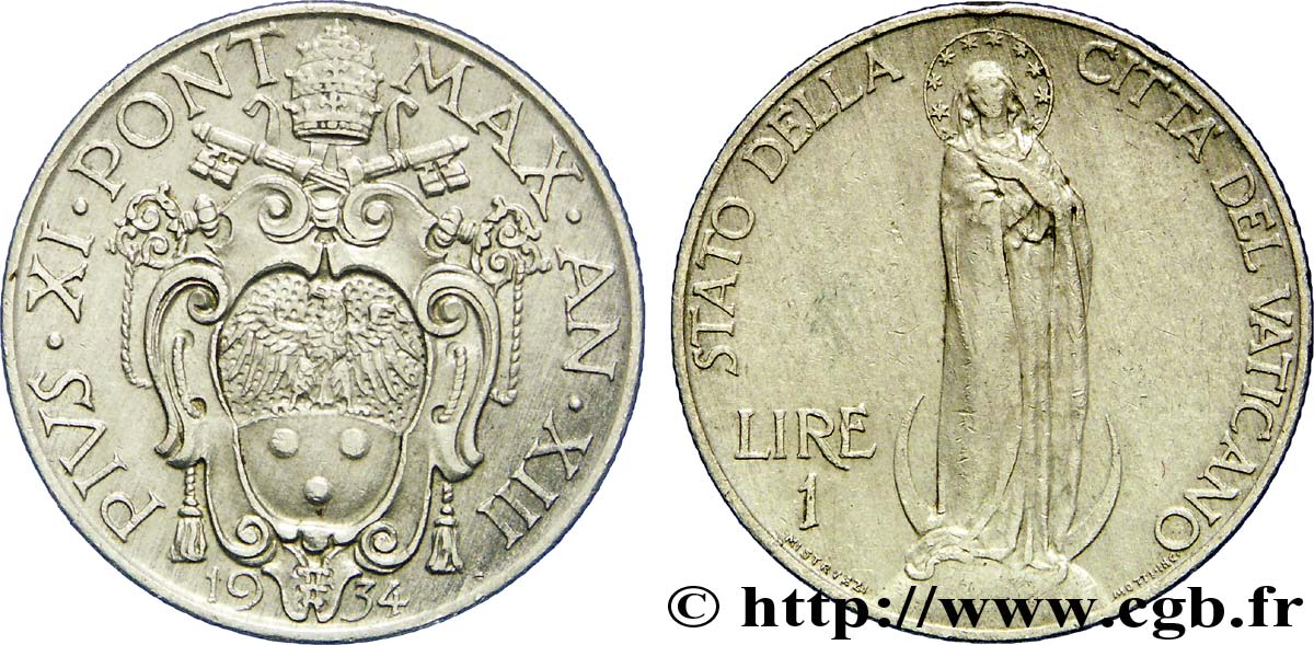 VATICAN AND PAPAL STATES 1 Lire frappe au nom de Pie XI an XIII / Vierge sur un globe 1934 Rome AU 