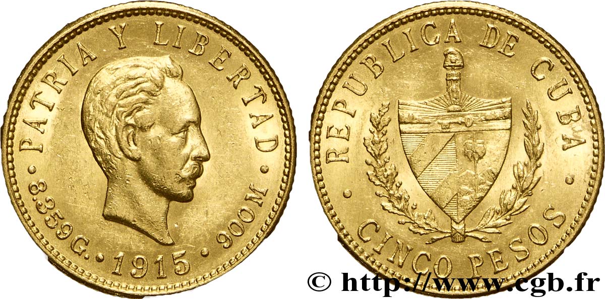 CUBA 5 Pesos OR emblème de la République / José Marti 1915  AU 