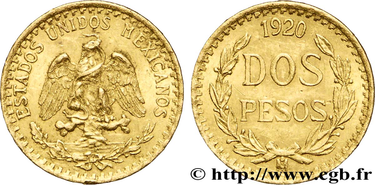 MEXIKO 2 Pesos or Aigle du Mexique 1920 Mexico VZ 