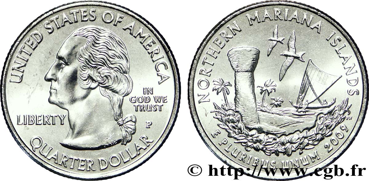UNITED STATES OF AMERICA 1/4 Dollar Iles Mariannes du Nord : structure Chamorro, voilier, oiseaux et flore 2009 Philadelphie MS 