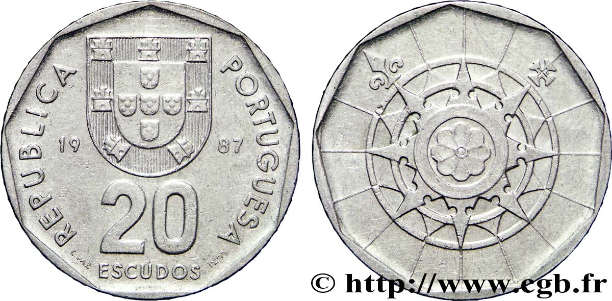 PORTUGAL 20 Escudos emblème / rose des vents 1987  AU 