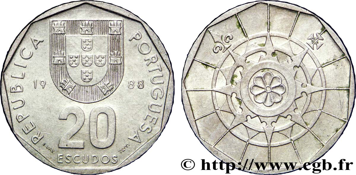 PORTUGAL 20 Escudos emblème / rose des vents 1988  fVZ 