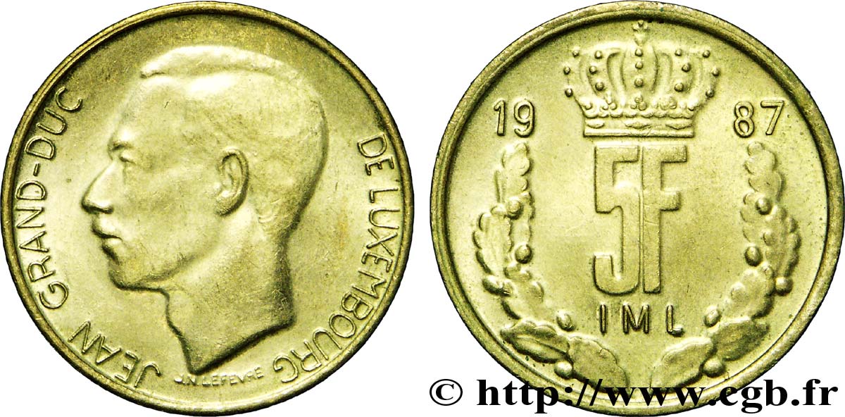 LUXEMBOURG 5 Francs Grand-Duc Jean / 5 F couronné et rameaux 1987  AU 