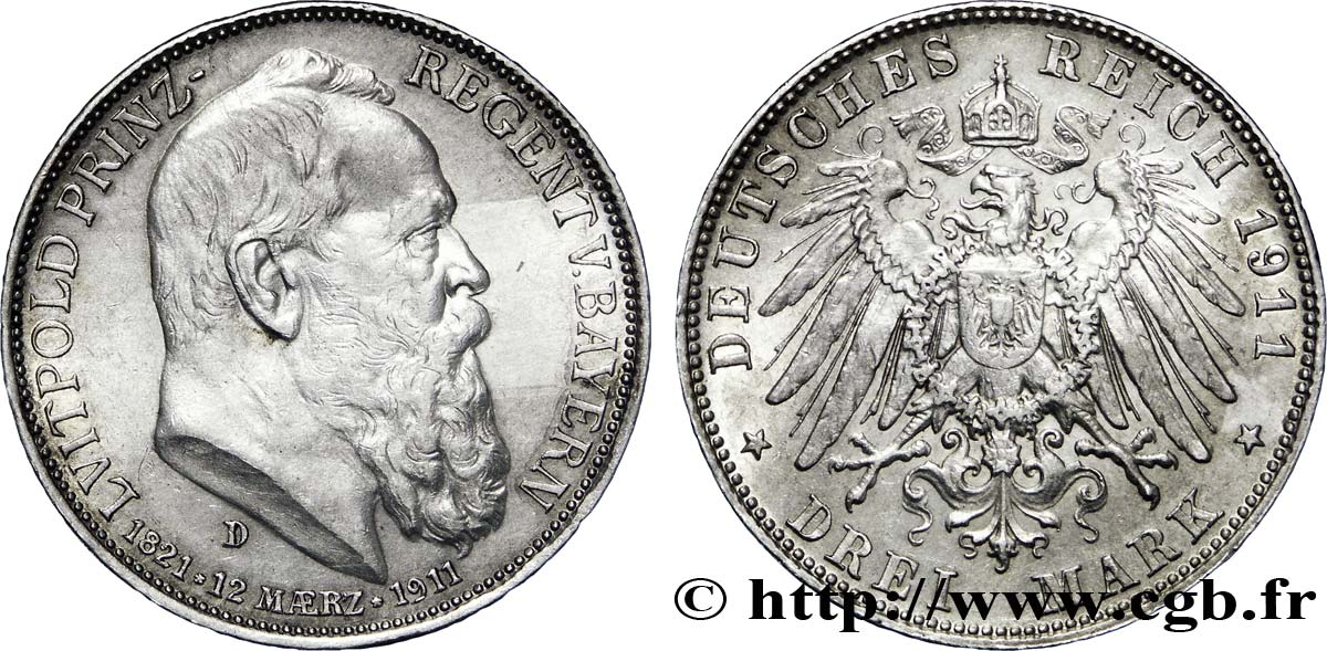 ALLEMAGNE - BAVIÈRE 3 Mark Léopold Prince-Régent de Bavière / aigle impérial héraldique 1911 Munich - D SUP 