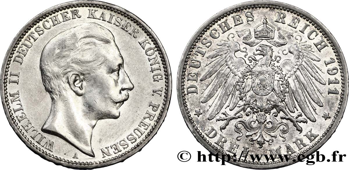 GERMANIA - PRUSSIA 3 Mark Guillaume II roi de Prusse et empereur / aigle héraldique 1911 Berlin SPL 