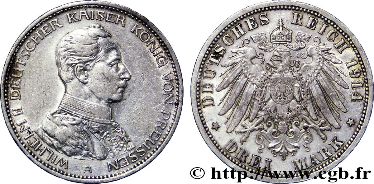 ALLEMAGNE - PRUSSE 3 Mark Guillaume II roi de Prusse et empereur en uniforme / aigle héraldique 1914 Berlin TTB 