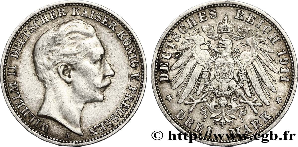 ALEMANIA - PRUSIA 3 Mark Guillaume II roi de Prusse et empereur / aigle héraldique 1911 Berlin MBC 