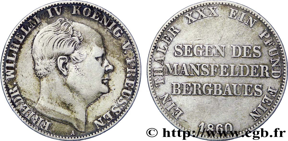 GERMANIA 1 Thaler Frédéric-Guillaume IV (Thaler des Mines) / aigle 1860 Berlin BB 